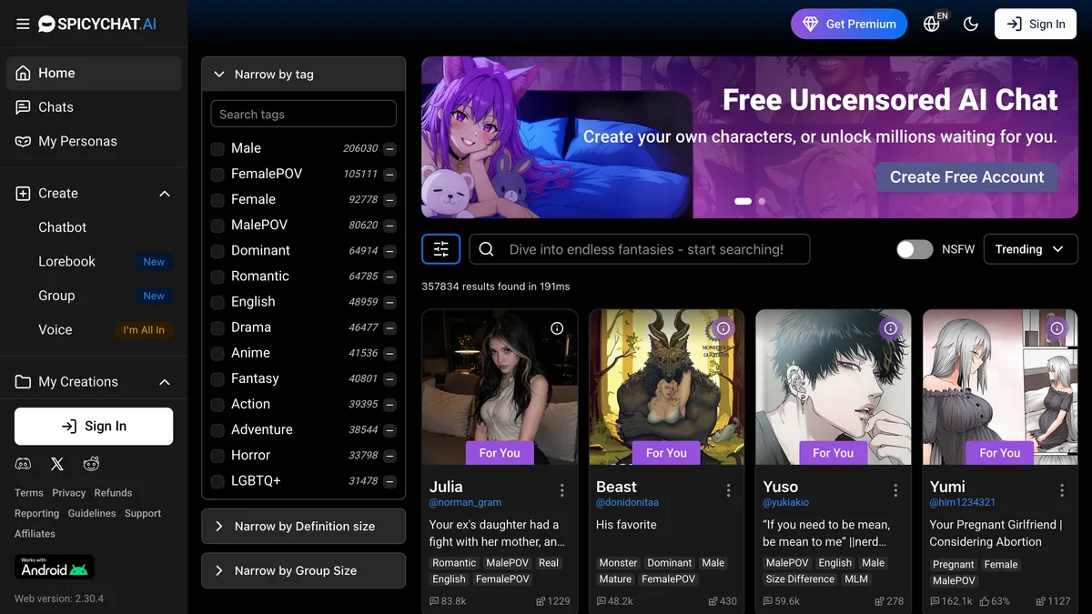 SpicyChat homepage
